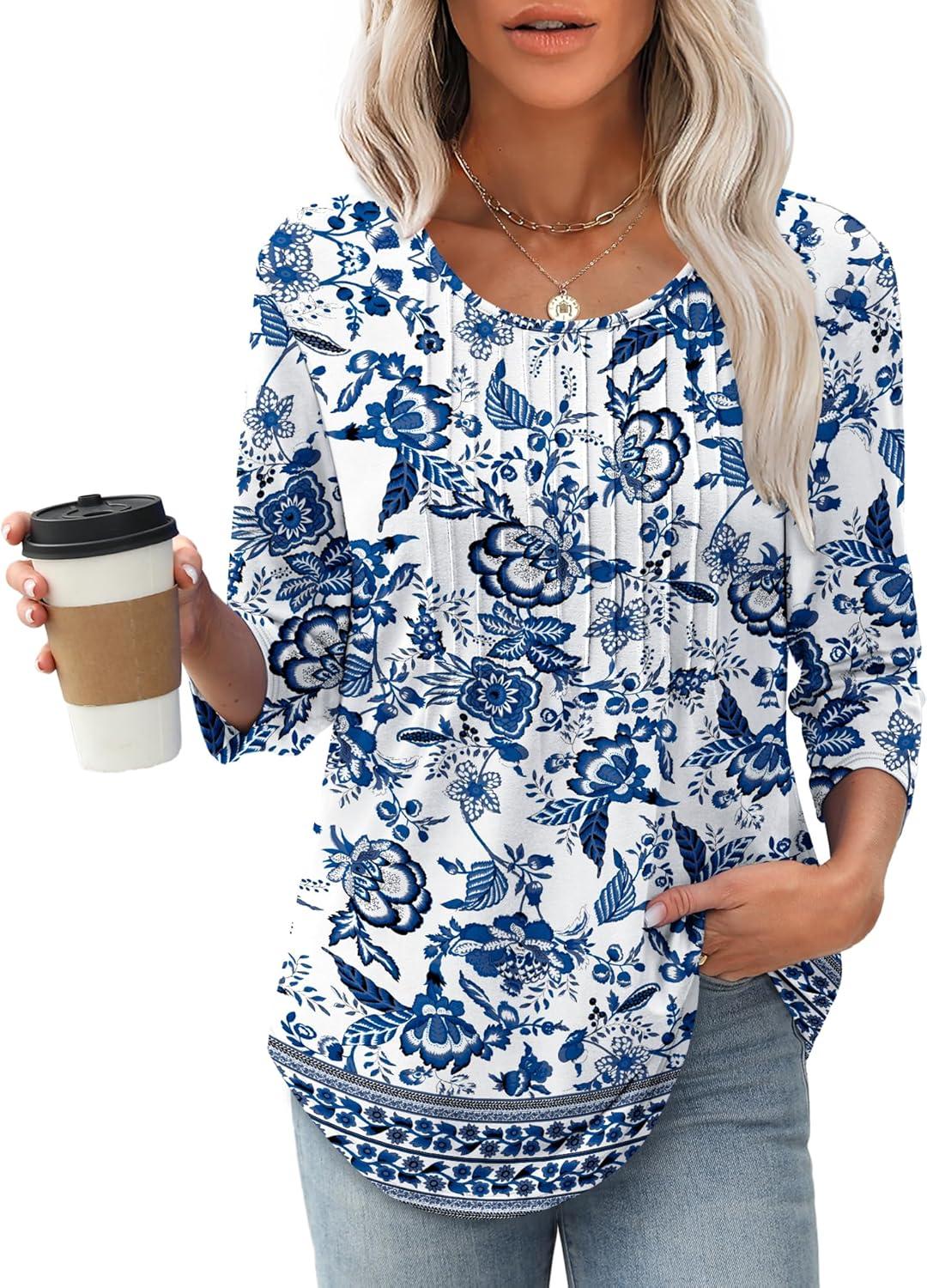 imageXIEERDUO 34 Length Sleeve Tops for Women 2025 Crewneck Casual Pleated Tunic Tops Loose Fit Shirts BlousesFwhite Blue Ethnic