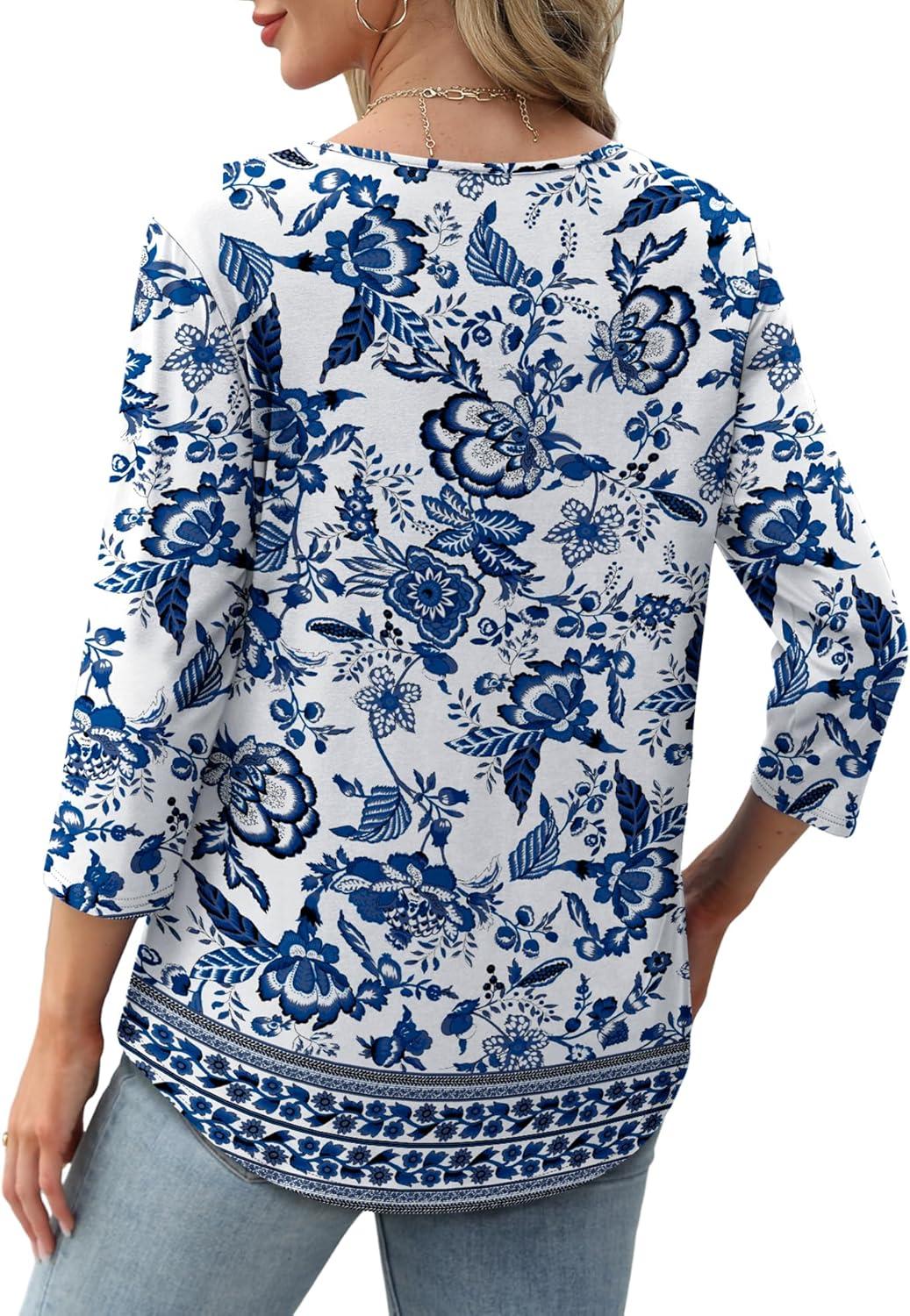 imageXIEERDUO 34 Length Sleeve Tops for Women 2025 Crewneck Casual Pleated Tunic Tops Loose Fit Shirts BlousesFwhite Blue Ethnic