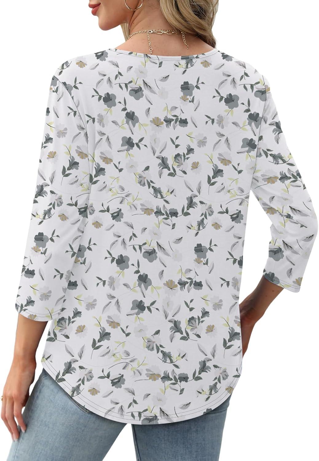 imageXIEERDUO 34 Length Sleeve Tops for Women 2025 Crewneck Casual Pleated Tunic Tops Loose Fit Shirts BlousesFwhite Floral