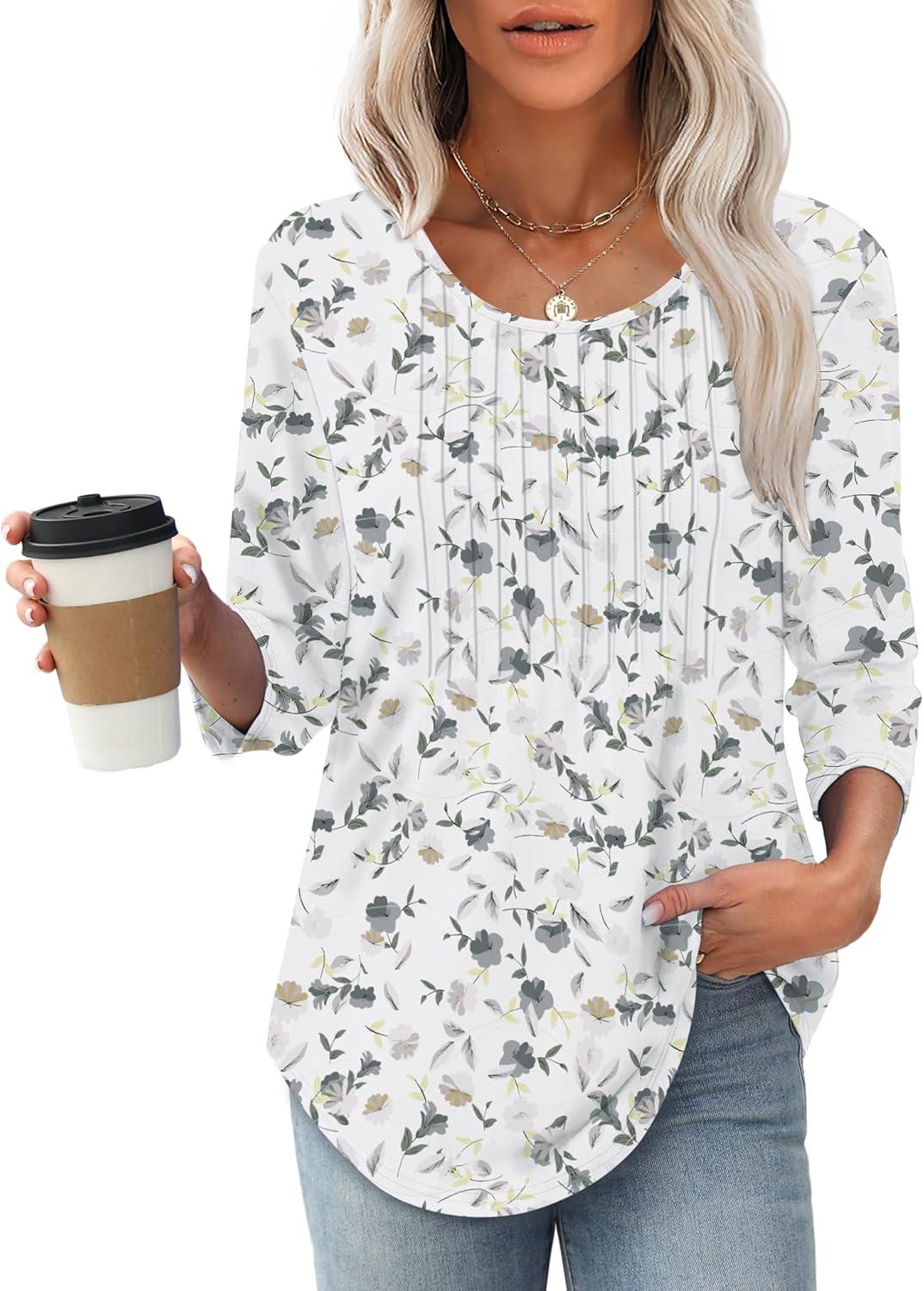 imageXIEERDUO 34 Length Sleeve Tops for Women 2025 Crewneck Casual Pleated Tunic Tops Loose Fit Shirts BlousesFwhite Floral