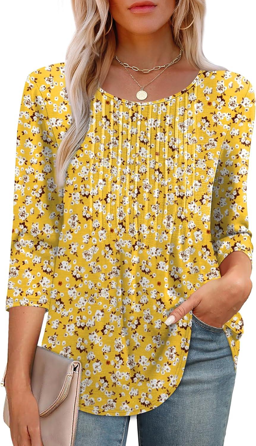 imageXIEERDUO 34 Length Sleeve Tops for Women 2025 Crewneck Casual Pleated Tunic Tops Loose Fit Shirts BlousesFyellow White Daisies