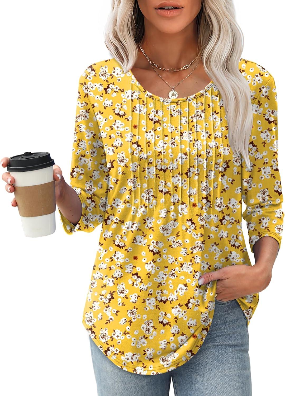 imageXIEERDUO 34 Length Sleeve Tops for Women 2025 Crewneck Casual Pleated Tunic Tops Loose Fit Shirts BlousesFyellow White Daisies
