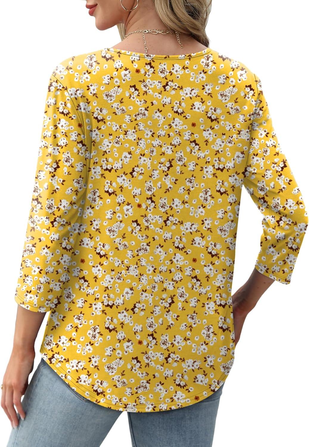 imageXIEERDUO 34 Length Sleeve Tops for Women 2025 Crewneck Casual Pleated Tunic Tops Loose Fit Shirts BlousesFyellow White Daisies