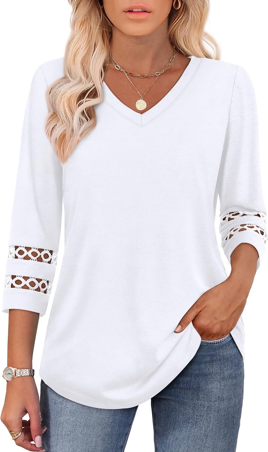 imageXIEERDUO 34 Length Sleeve Womens Tops Dressy Casual Blouses for Women 2025 Trendy V Neck T Shirts Summer ClothesA White