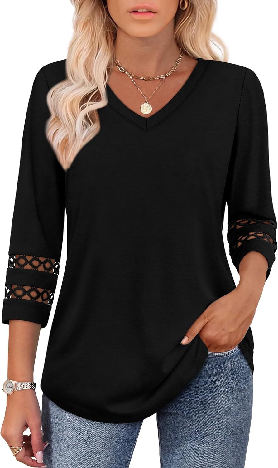 imageXIEERDUO 34 Length Sleeve Womens Tops Dressy Casual Blouses for Women 2025 Trendy V Neck T Shirts Summer ClothesBlack