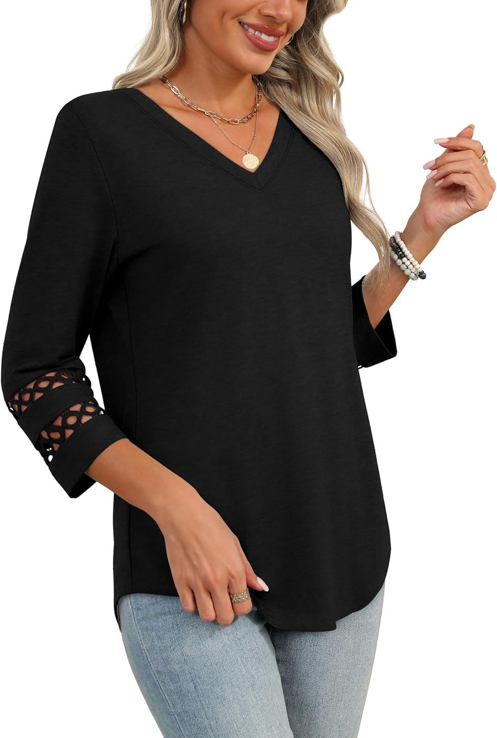 imageXIEERDUO 34 Length Sleeve Womens Tops Dressy Casual Blouses for Women 2025 Trendy V Neck T Shirts Summer ClothesBlack