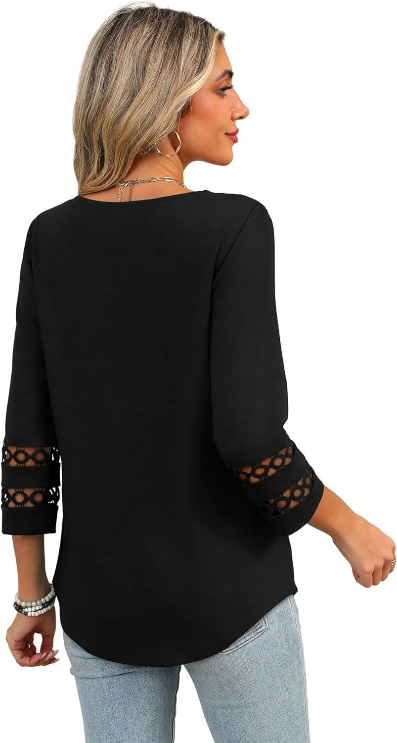 imageXIEERDUO 34 Length Sleeve Womens Tops Dressy Casual Blouses for Women 2025 Trendy V Neck T Shirts Summer ClothesBlack