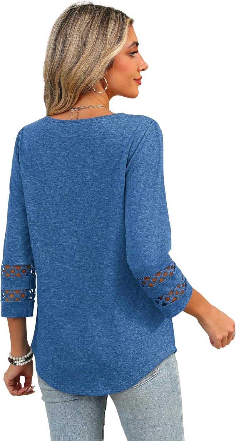 imageXIEERDUO 34 Length Sleeve Womens Tops Dressy Casual Blouses for Women 2025 Trendy V Neck T Shirts Summer ClothesBlue