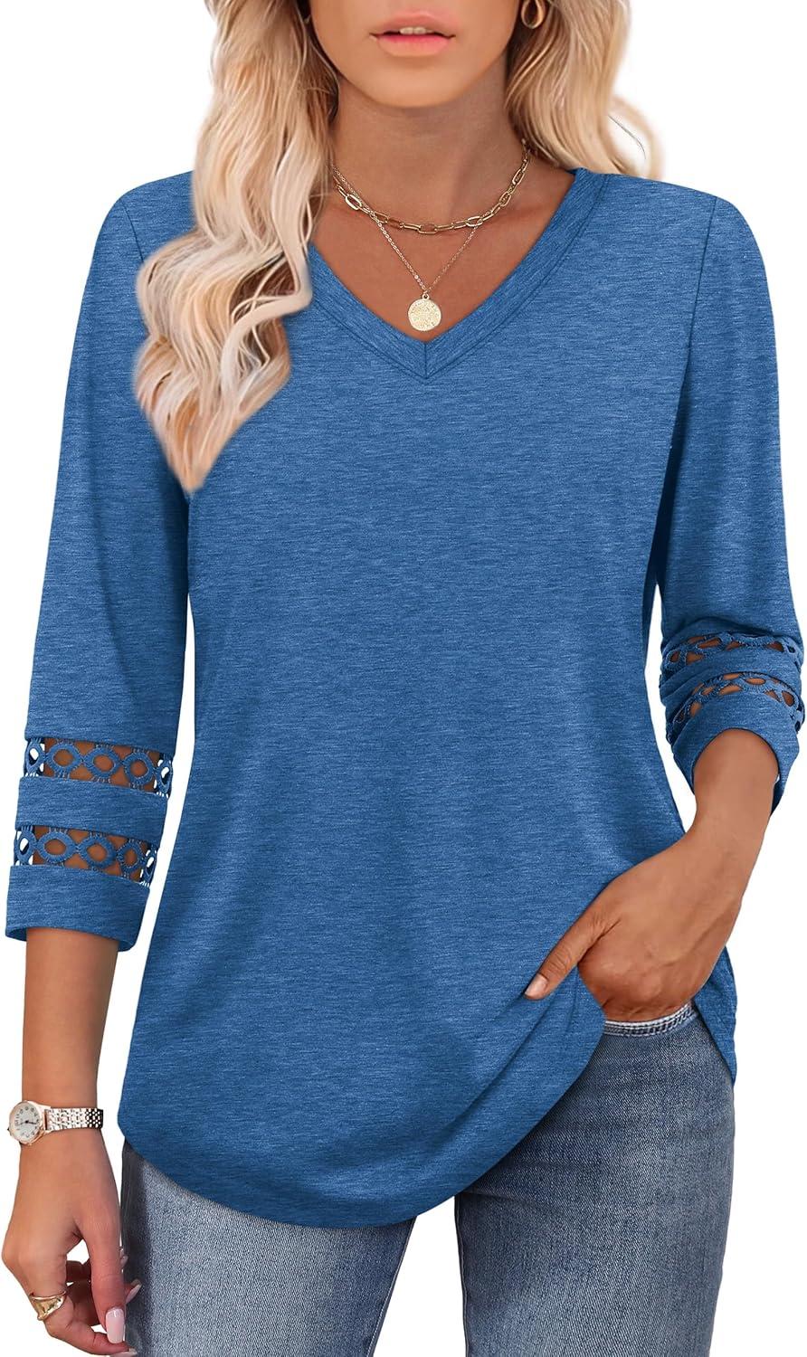 imageXIEERDUO 34 Length Sleeve Womens Tops Dressy Casual Blouses for Women 2025 Trendy V Neck T Shirts Summer ClothesBlue