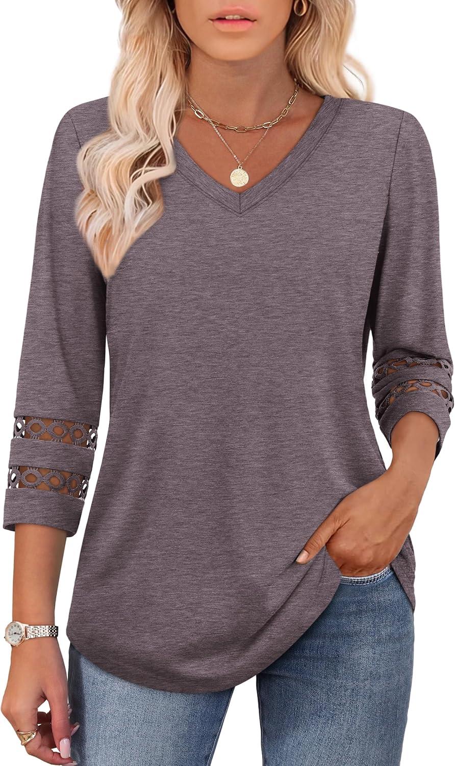 imageXIEERDUO 34 Length Sleeve Womens Tops Dressy Casual Blouses for Women 2025 Trendy V Neck T Shirts Summer ClothesCoffee Grey