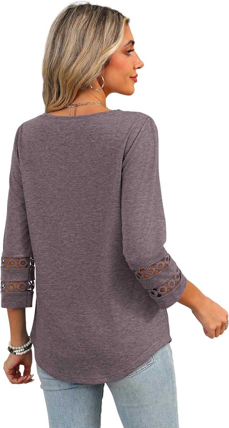 imageXIEERDUO 34 Length Sleeve Womens Tops Dressy Casual Blouses for Women 2025 Trendy V Neck T Shirts Summer ClothesCoffee Grey