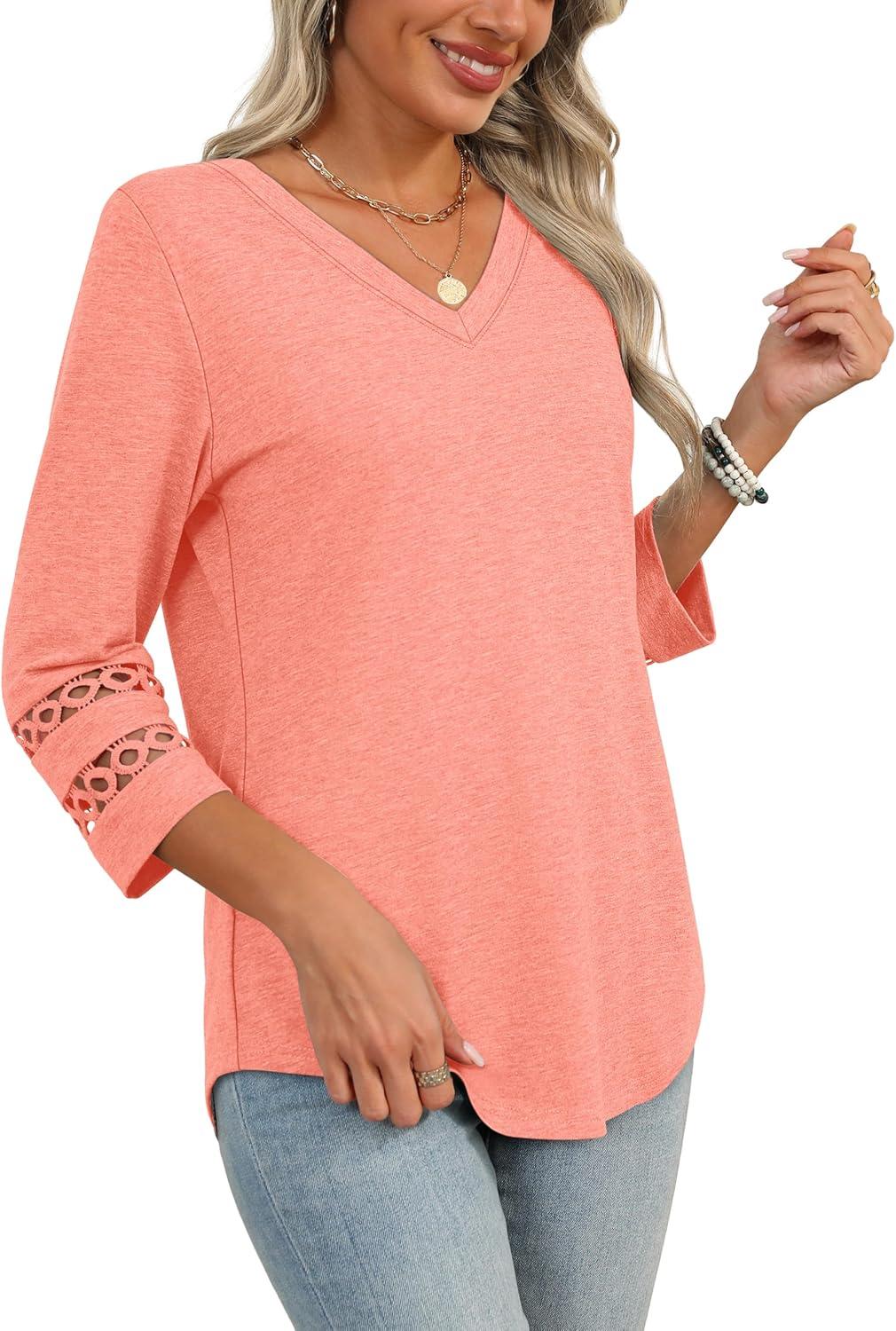 imageXIEERDUO 34 Length Sleeve Womens Tops Dressy Casual Blouses for Women 2025 Trendy V Neck T Shirts Summer ClothesCoral