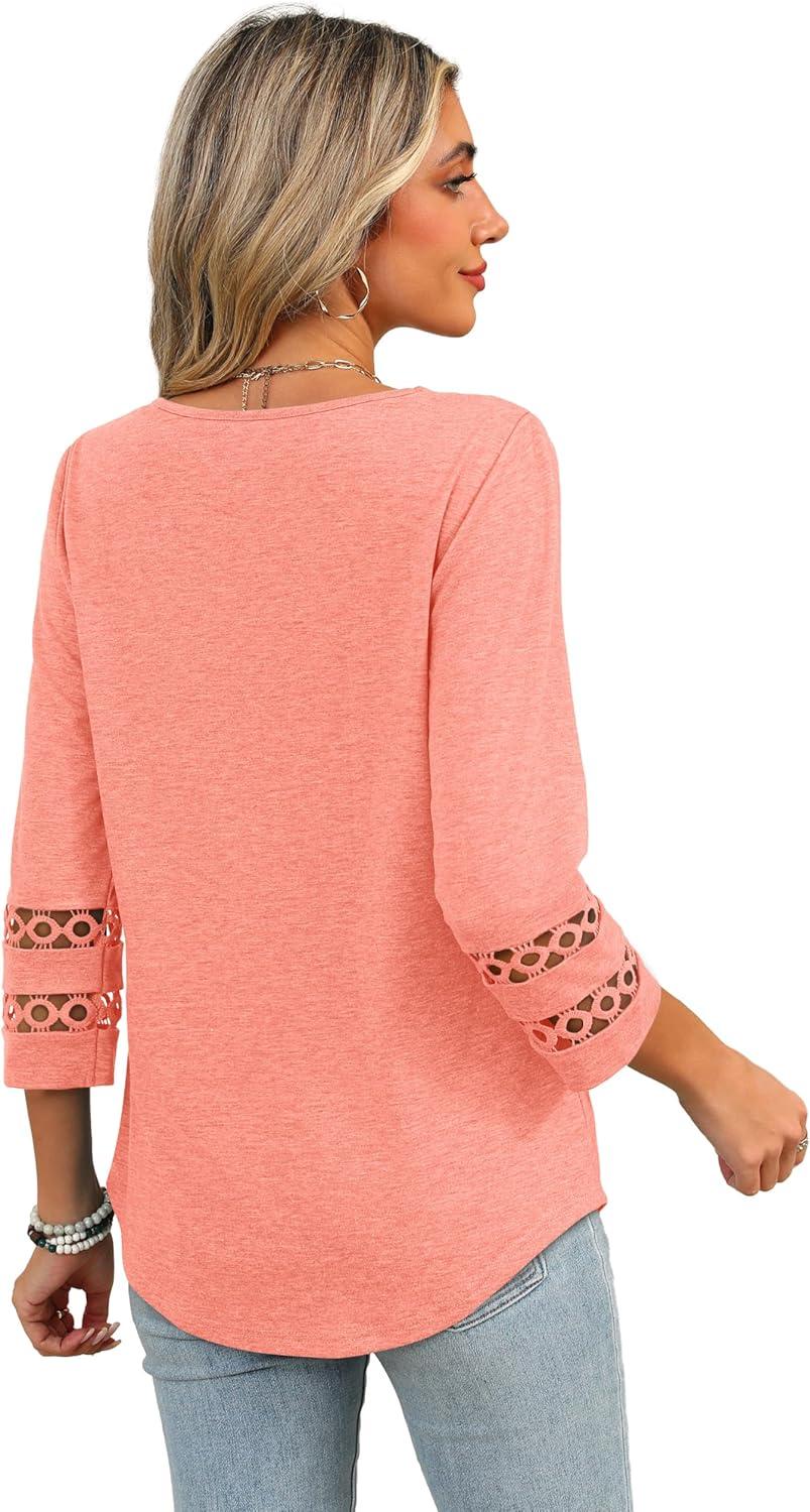 imageXIEERDUO 34 Length Sleeve Womens Tops Dressy Casual Blouses for Women 2025 Trendy V Neck T Shirts Summer ClothesCoral