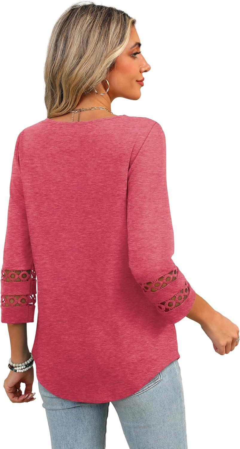 imageXIEERDUO 34 Length Sleeve Womens Tops Dressy Casual Blouses for Women 2025 Trendy V Neck T Shirts Summer ClothesCoral Pink