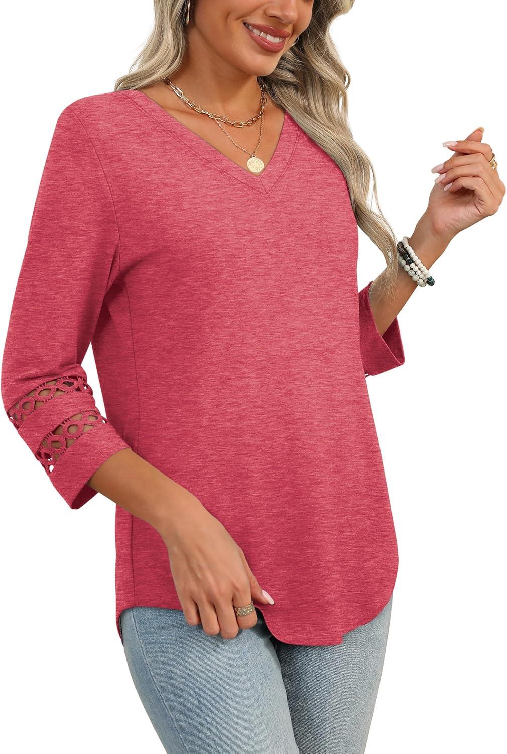 imageXIEERDUO 34 Length Sleeve Womens Tops Dressy Casual Blouses for Women 2025 Trendy V Neck T Shirts Summer ClothesCoral Pink