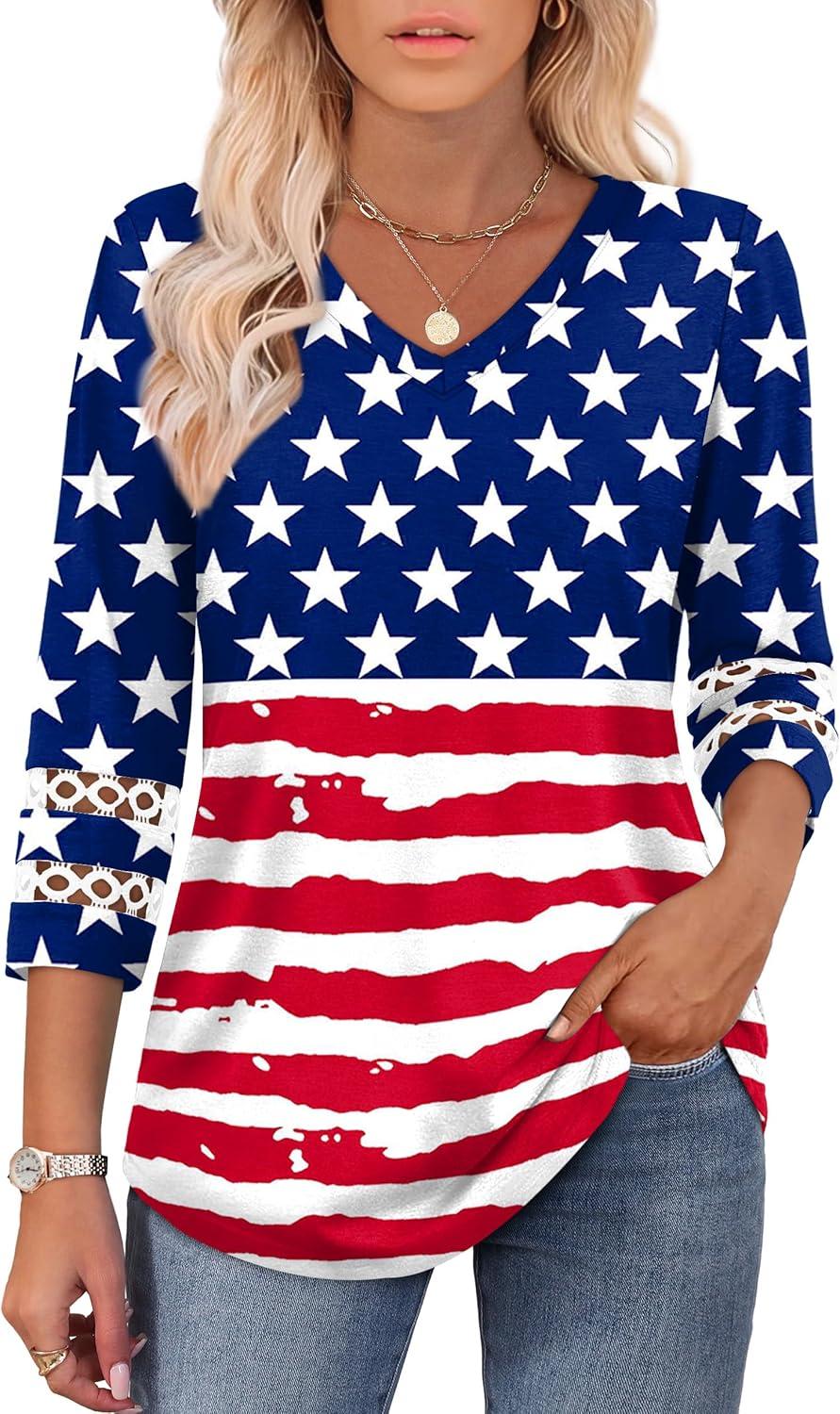 imageXIEERDUO 34 Length Sleeve Womens Tops Dressy Casual Blouses for Women 2025 Trendy V Neck T Shirts Summer ClothesFlag a