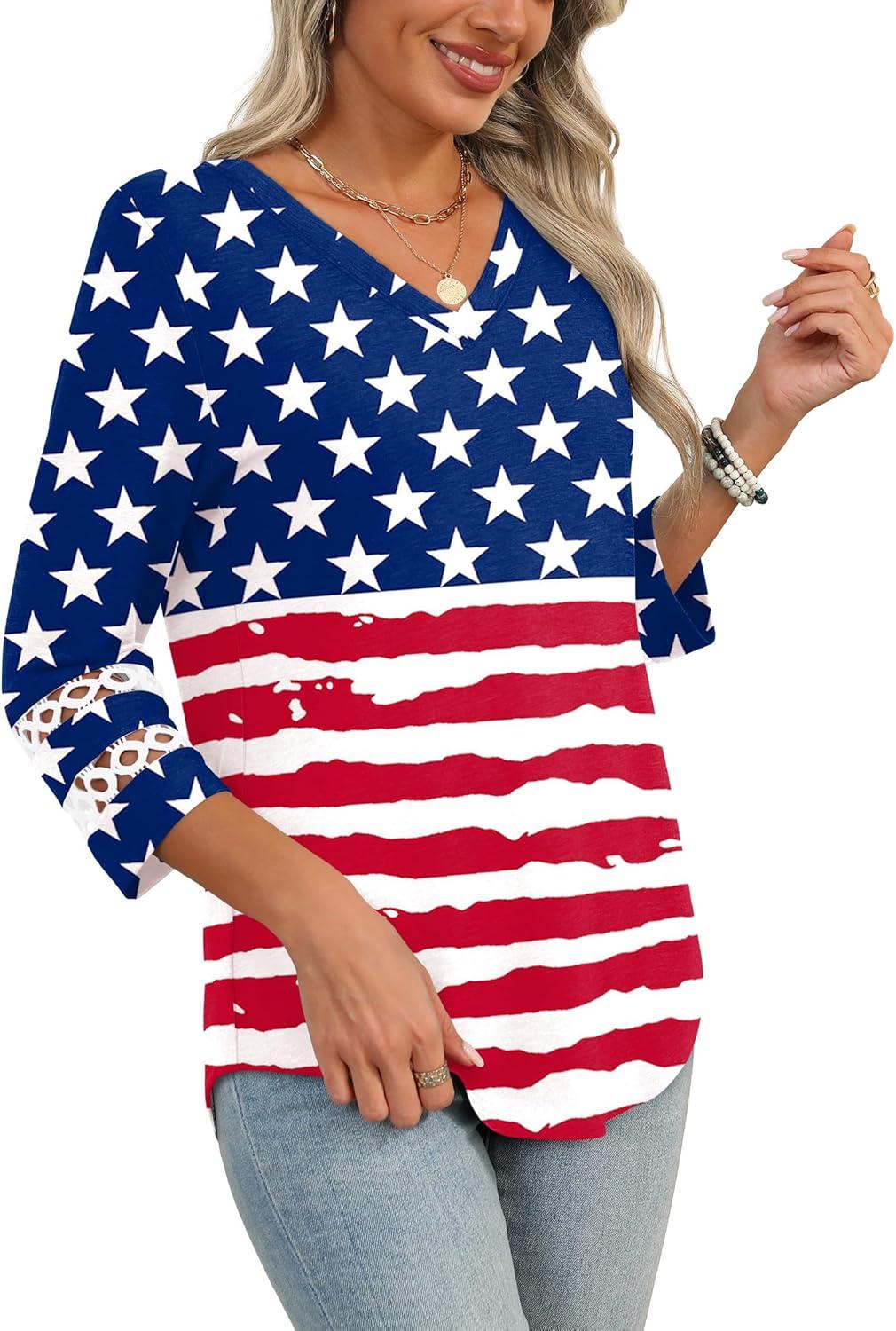 imageXIEERDUO 34 Length Sleeve Womens Tops Dressy Casual Blouses for Women 2025 Trendy V Neck T Shirts Summer ClothesFlag a