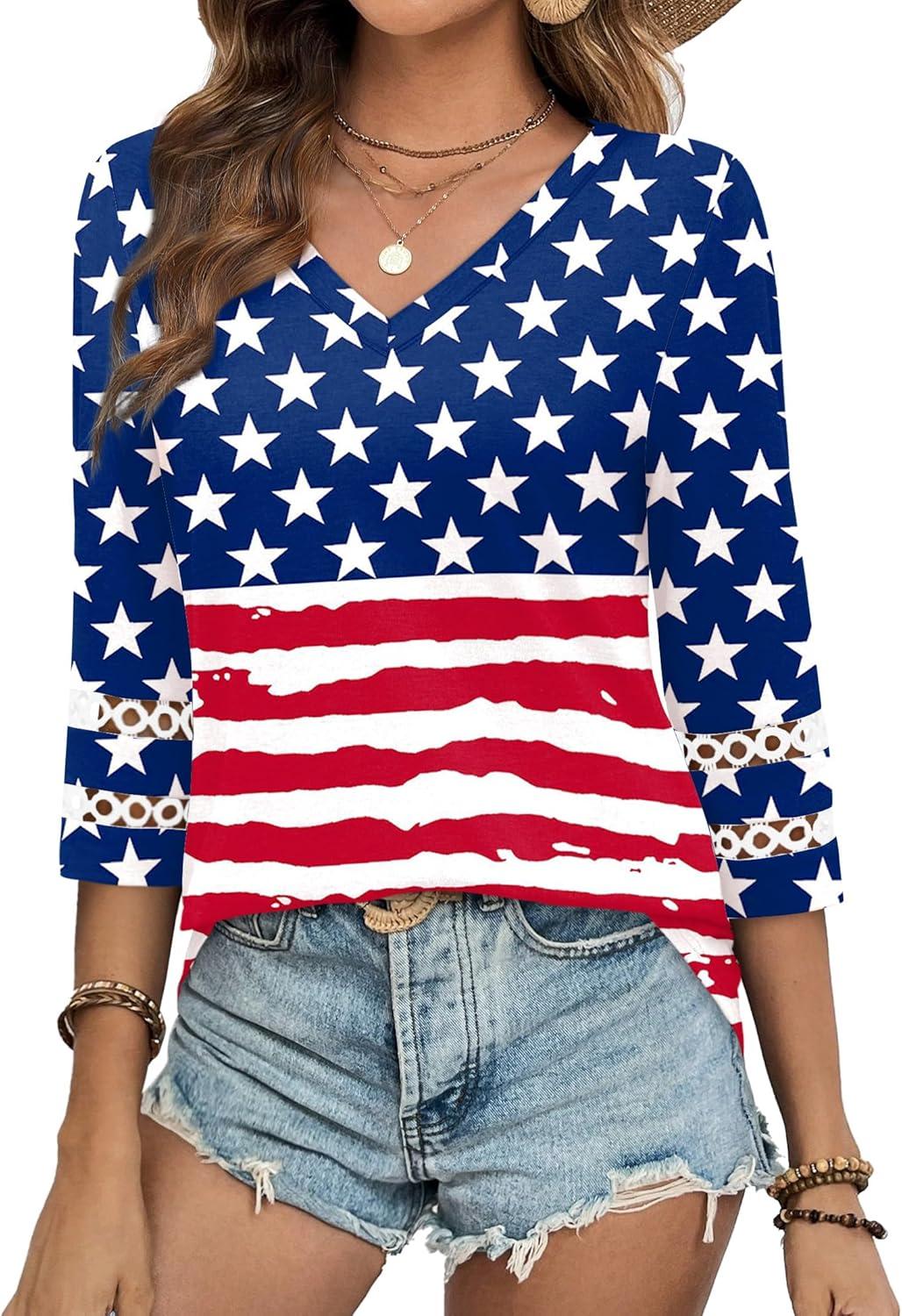 imageXIEERDUO 34 Length Sleeve Womens Tops Dressy Casual Blouses for Women 2025 Trendy V Neck T Shirts Summer ClothesFlag a