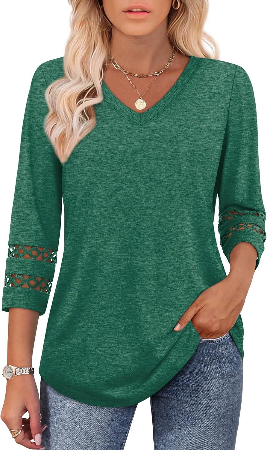 imageXIEERDUO 34 Length Sleeve Womens Tops Dressy Casual Blouses for Women 2025 Trendy V Neck T Shirts Summer ClothesGreen