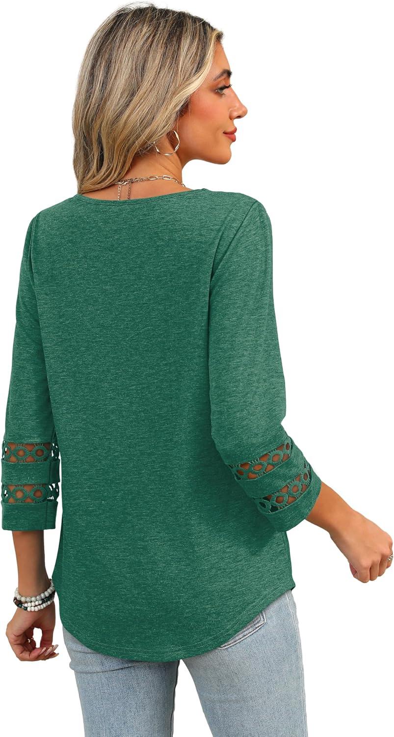 imageXIEERDUO 34 Length Sleeve Womens Tops Dressy Casual Blouses for Women 2025 Trendy V Neck T Shirts Summer ClothesGreen