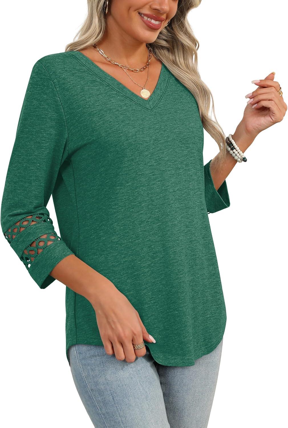 imageXIEERDUO 34 Length Sleeve Womens Tops Dressy Casual Blouses for Women 2025 Trendy V Neck T Shirts Summer ClothesGreen