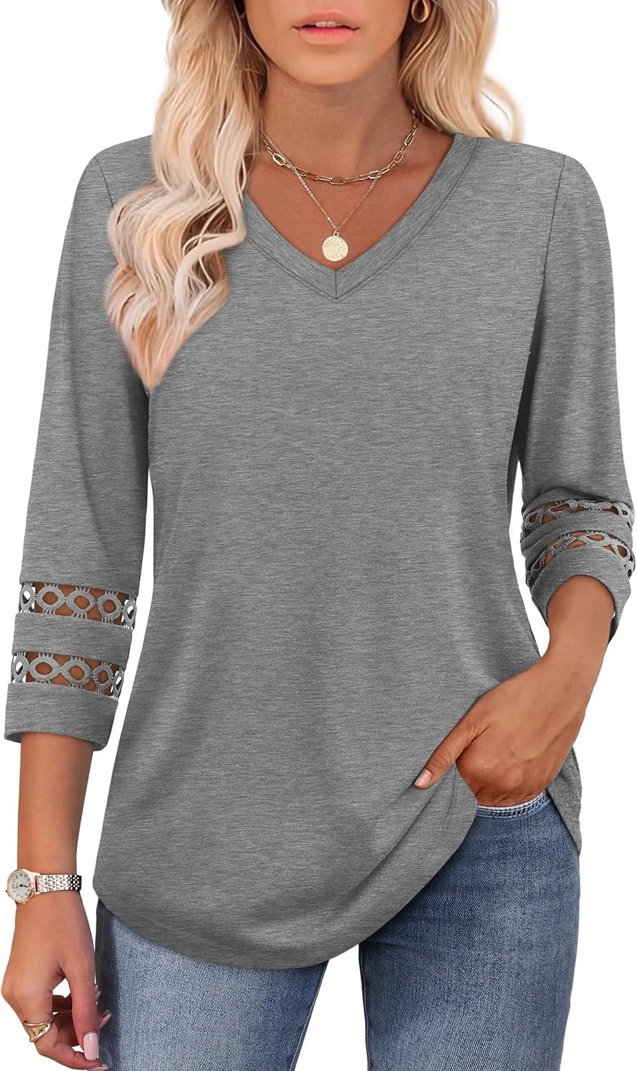 imageXIEERDUO 34 Length Sleeve Womens Tops Dressy Casual Blouses for Women 2025 Trendy V Neck T Shirts Summer ClothesGrey