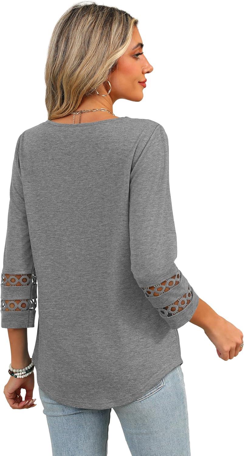 imageXIEERDUO 34 Length Sleeve Womens Tops Dressy Casual Blouses for Women 2025 Trendy V Neck T Shirts Summer ClothesGrey