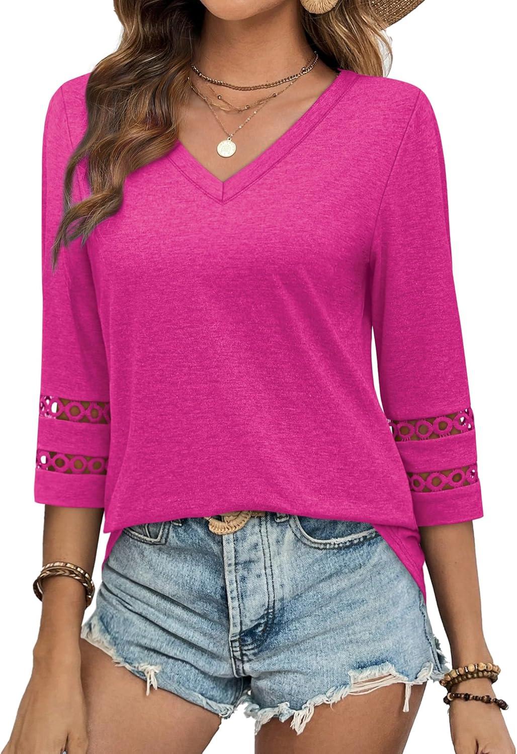 imageXIEERDUO 34 Length Sleeve Womens Tops Dressy Casual Blouses for Women 2025 Trendy V Neck T Shirts Summer ClothesHot Pink