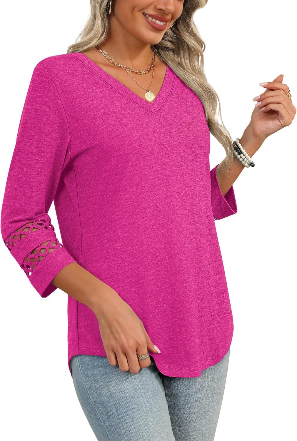 imageXIEERDUO 34 Length Sleeve Womens Tops Dressy Casual Blouses for Women 2025 Trendy V Neck T Shirts Summer ClothesHot Pink