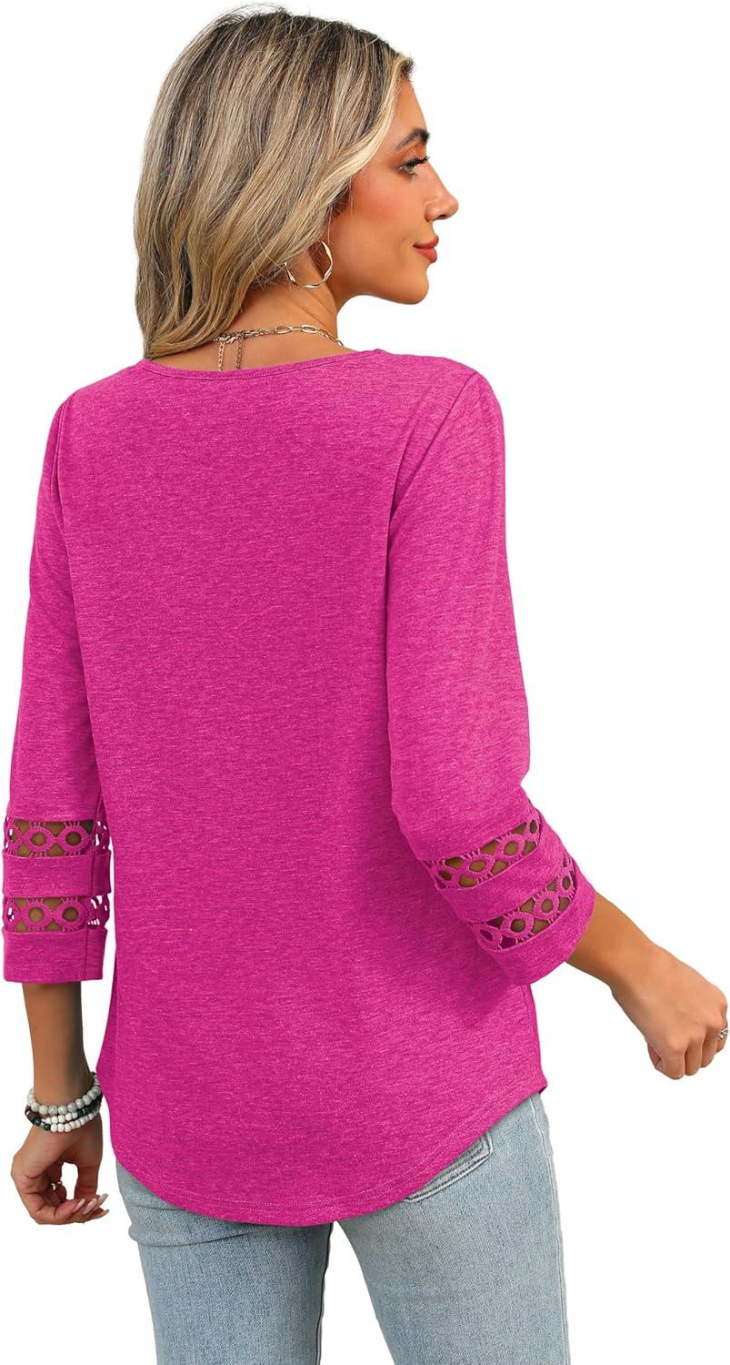 imageXIEERDUO 34 Length Sleeve Womens Tops Dressy Casual Blouses for Women 2025 Trendy V Neck T Shirts Summer ClothesHot Pink