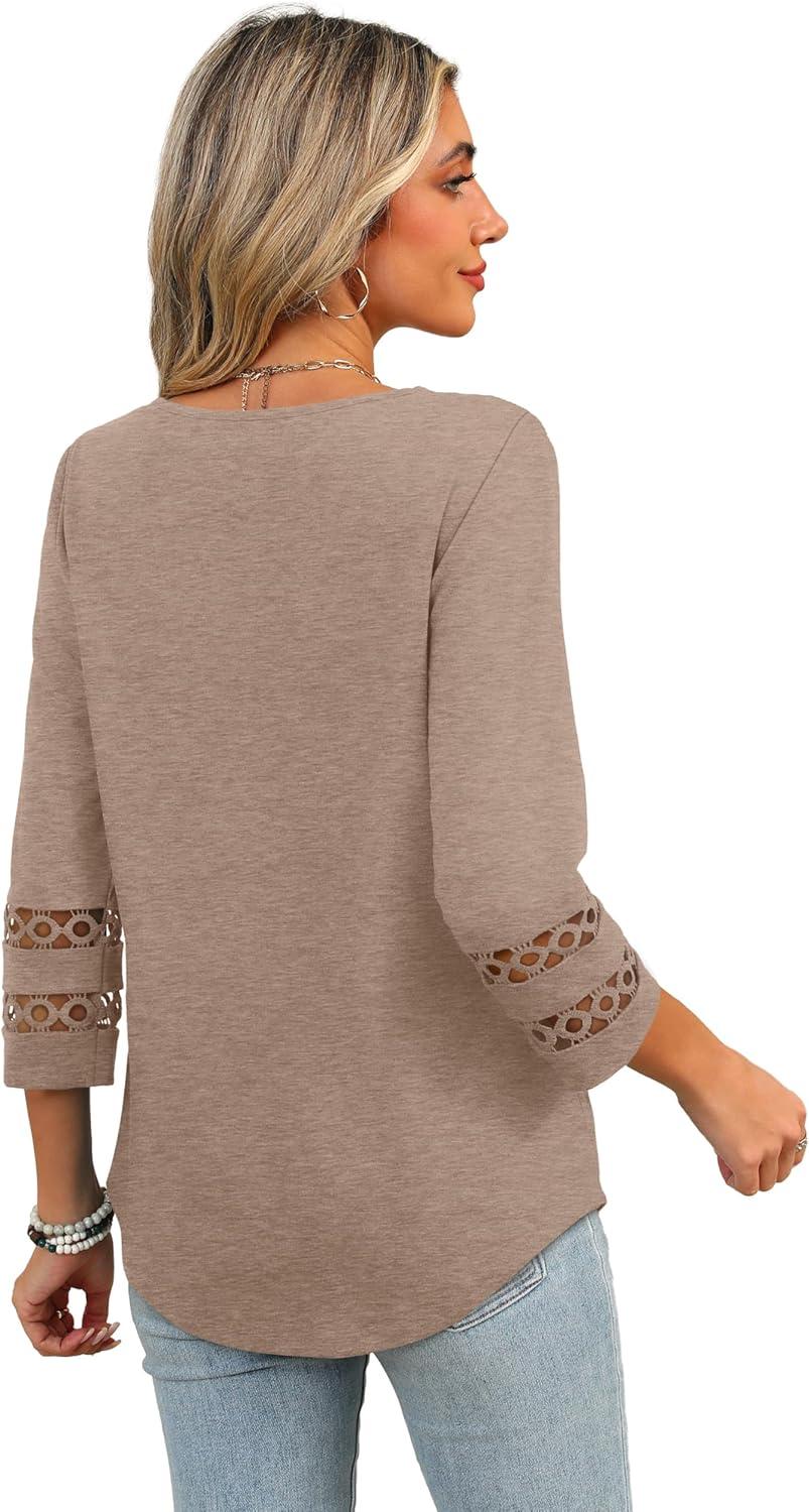 imageXIEERDUO 34 Length Sleeve Womens Tops Dressy Casual Blouses for Women 2025 Trendy V Neck T Shirts Summer ClothesKhaki