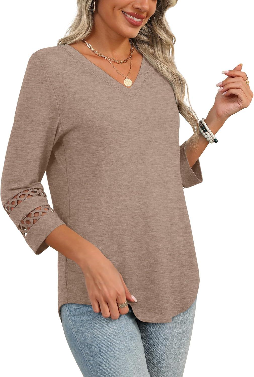 imageXIEERDUO 34 Length Sleeve Womens Tops Dressy Casual Blouses for Women 2025 Trendy V Neck T Shirts Summer ClothesKhaki