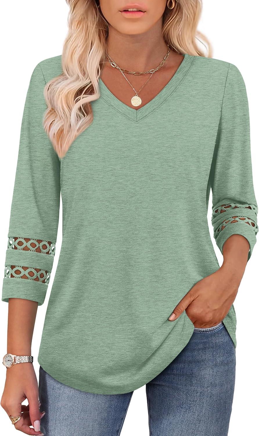 imageXIEERDUO 34 Length Sleeve Womens Tops Dressy Casual Blouses for Women 2025 Trendy V Neck T Shirts Summer ClothesLight Green