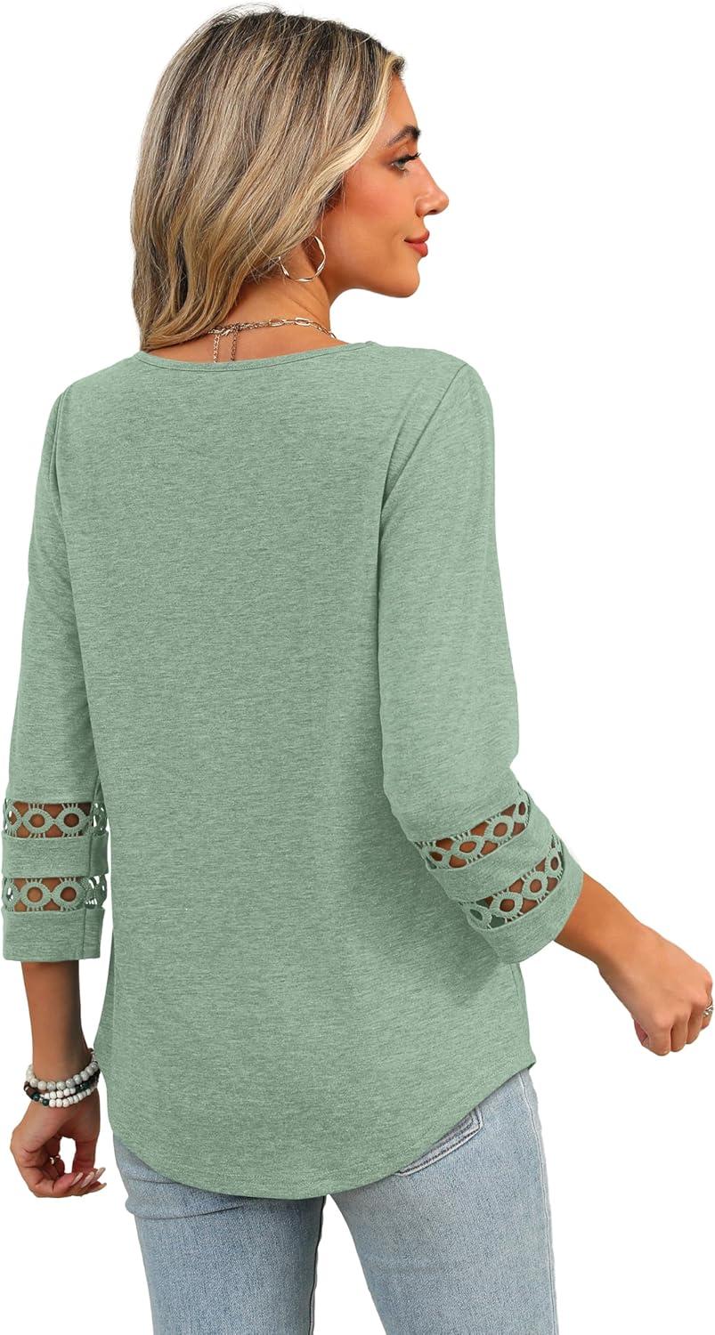 imageXIEERDUO 34 Length Sleeve Womens Tops Dressy Casual Blouses for Women 2025 Trendy V Neck T Shirts Summer ClothesLight Green