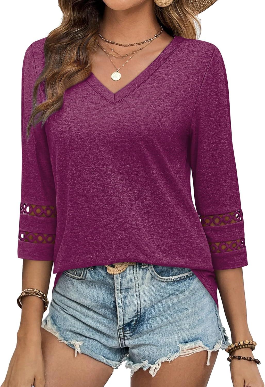 imageXIEERDUO 34 Length Sleeve Womens Tops Dressy Casual Blouses for Women 2025 Trendy V Neck T Shirts Summer ClothesMaroon