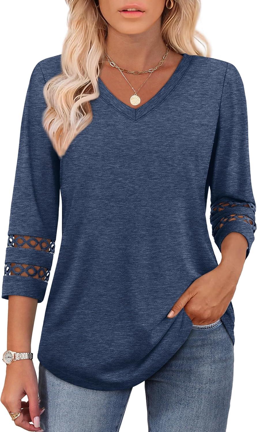 imageXIEERDUO 34 Length Sleeve Womens Tops Dressy Casual Blouses for Women 2025 Trendy V Neck T Shirts Summer ClothesNavy Blue