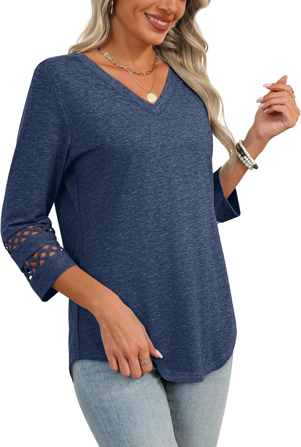 imageXIEERDUO 34 Length Sleeve Womens Tops Dressy Casual Blouses for Women 2025 Trendy V Neck T Shirts Summer ClothesNavy Blue
