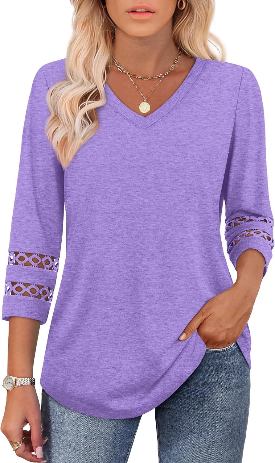 imageXIEERDUO 34 Length Sleeve Womens Tops Dressy Casual Blouses for Women 2025 Trendy V Neck T Shirts Summer ClothesPurple