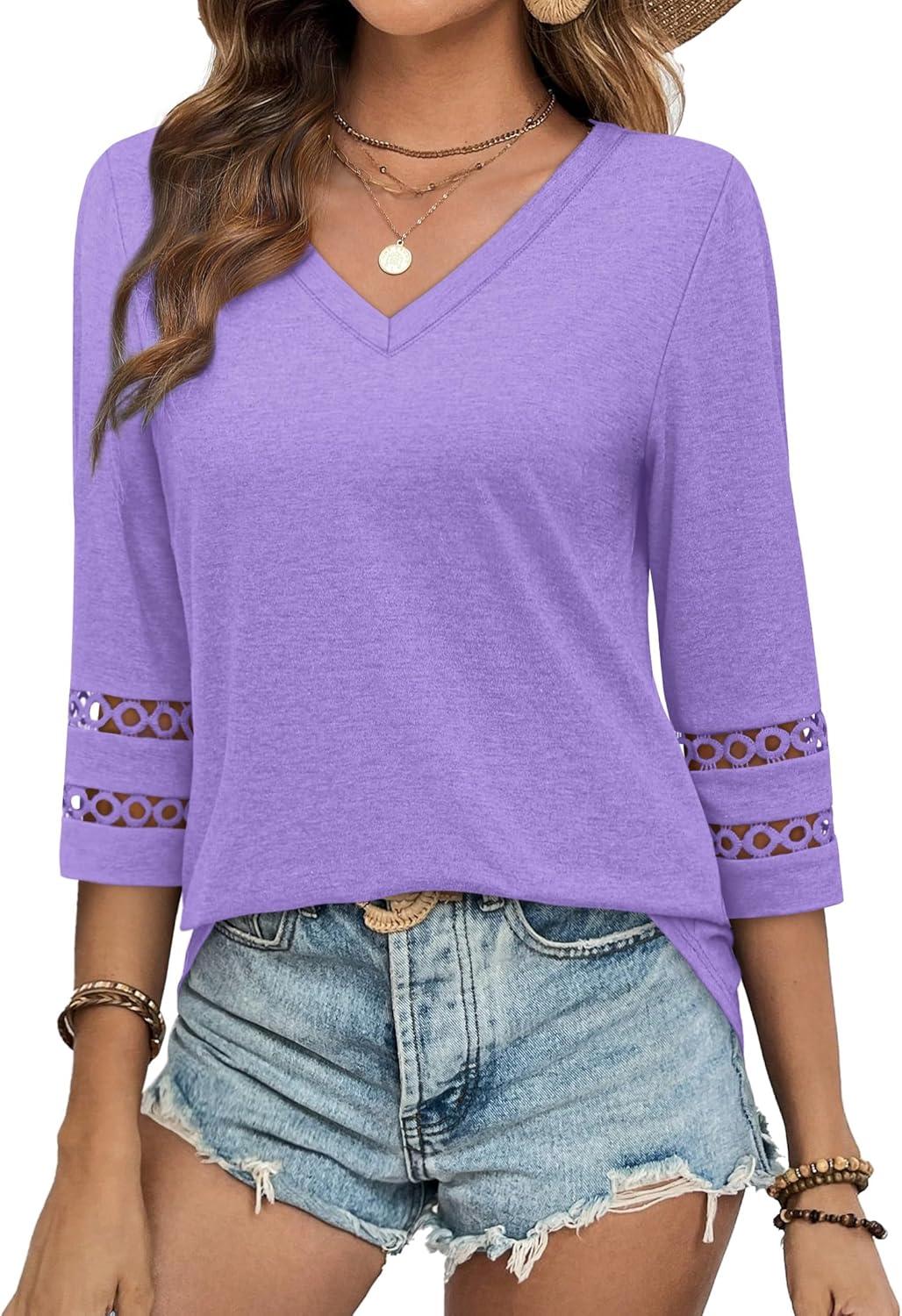 imageXIEERDUO 34 Length Sleeve Womens Tops Dressy Casual Blouses for Women 2025 Trendy V Neck T Shirts Summer ClothesPurple