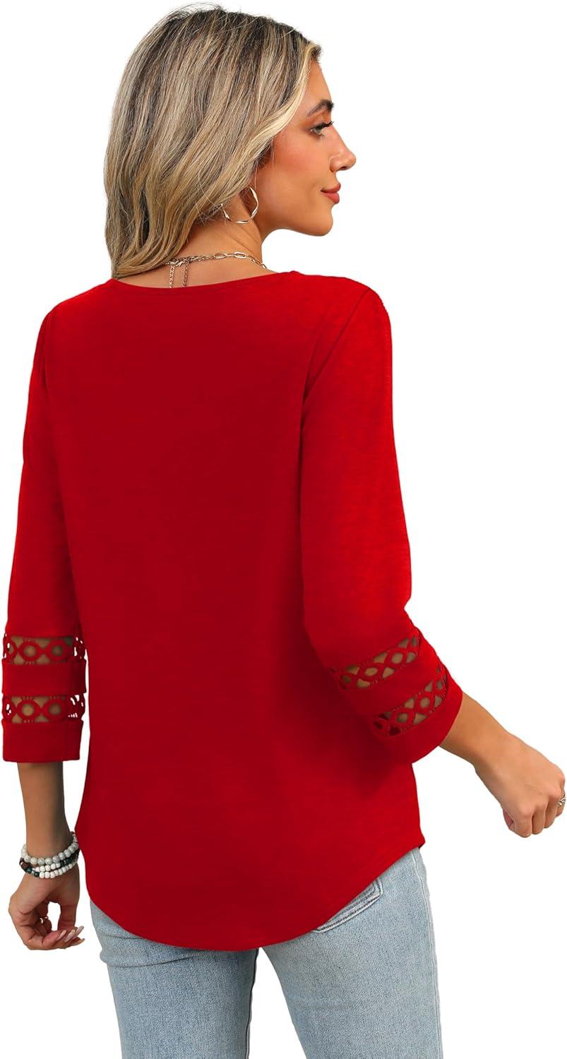 imageXIEERDUO 34 Length Sleeve Womens Tops Dressy Casual Blouses for Women 2025 Trendy V Neck T Shirts Summer ClothesRed