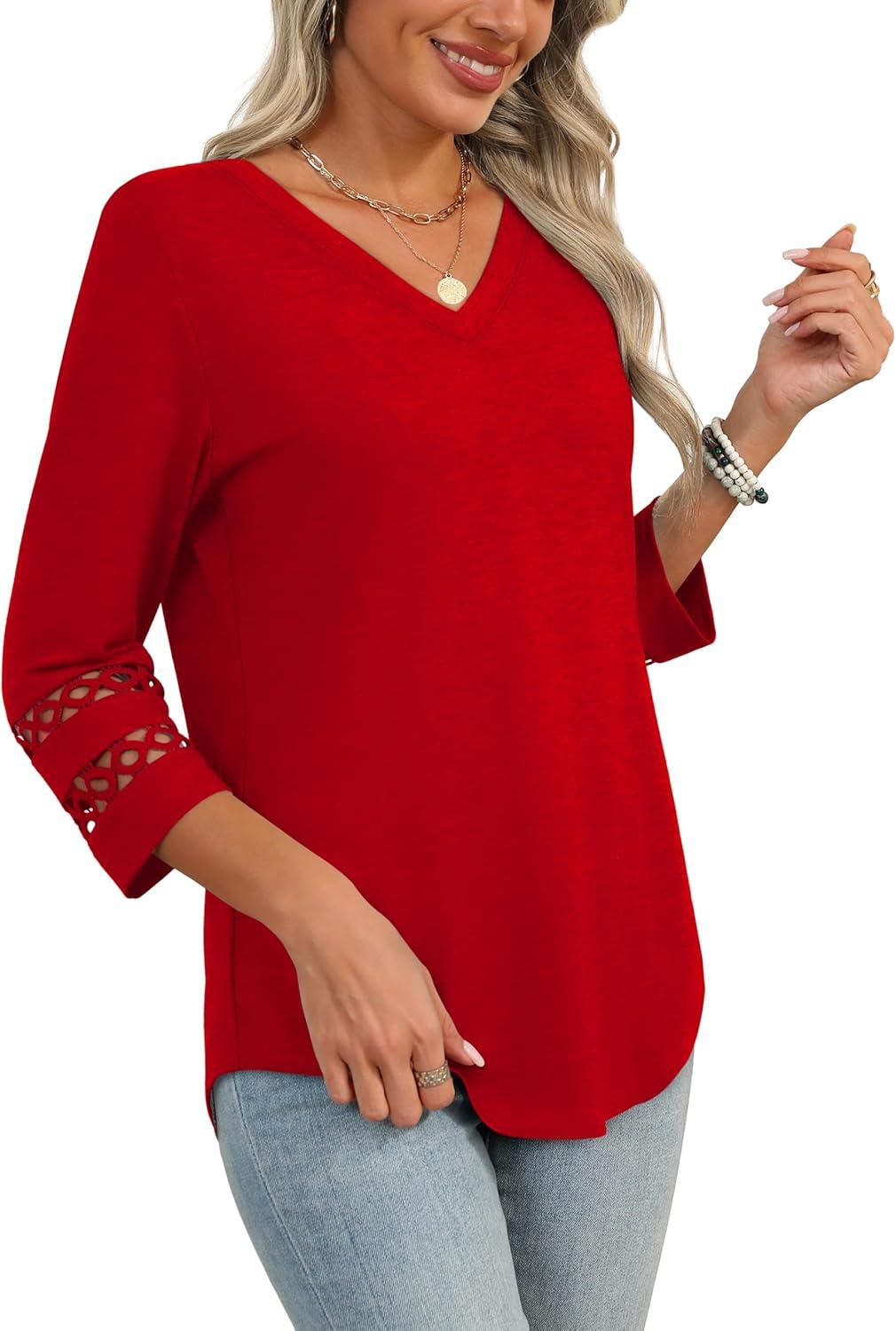 imageXIEERDUO 34 Length Sleeve Womens Tops Dressy Casual Blouses for Women 2025 Trendy V Neck T Shirts Summer ClothesRed