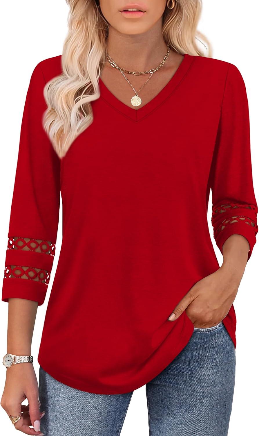 imageXIEERDUO 34 Length Sleeve Womens Tops Dressy Casual Blouses for Women 2025 Trendy V Neck T Shirts Summer ClothesRed