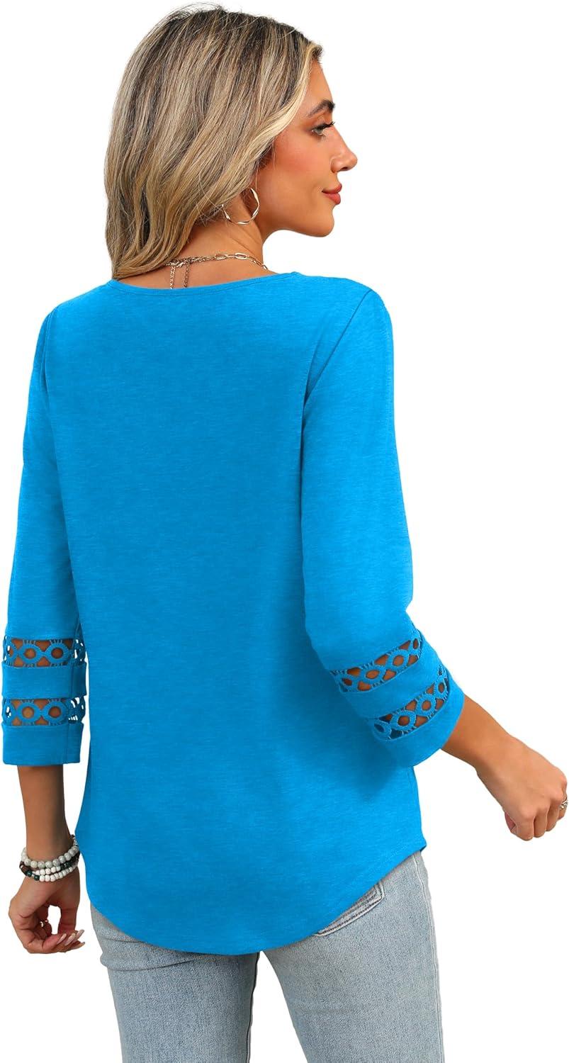 imageXIEERDUO 34 Length Sleeve Womens Tops Dressy Casual Blouses for Women 2025 Trendy V Neck T Shirts Summer ClothesSky Blue