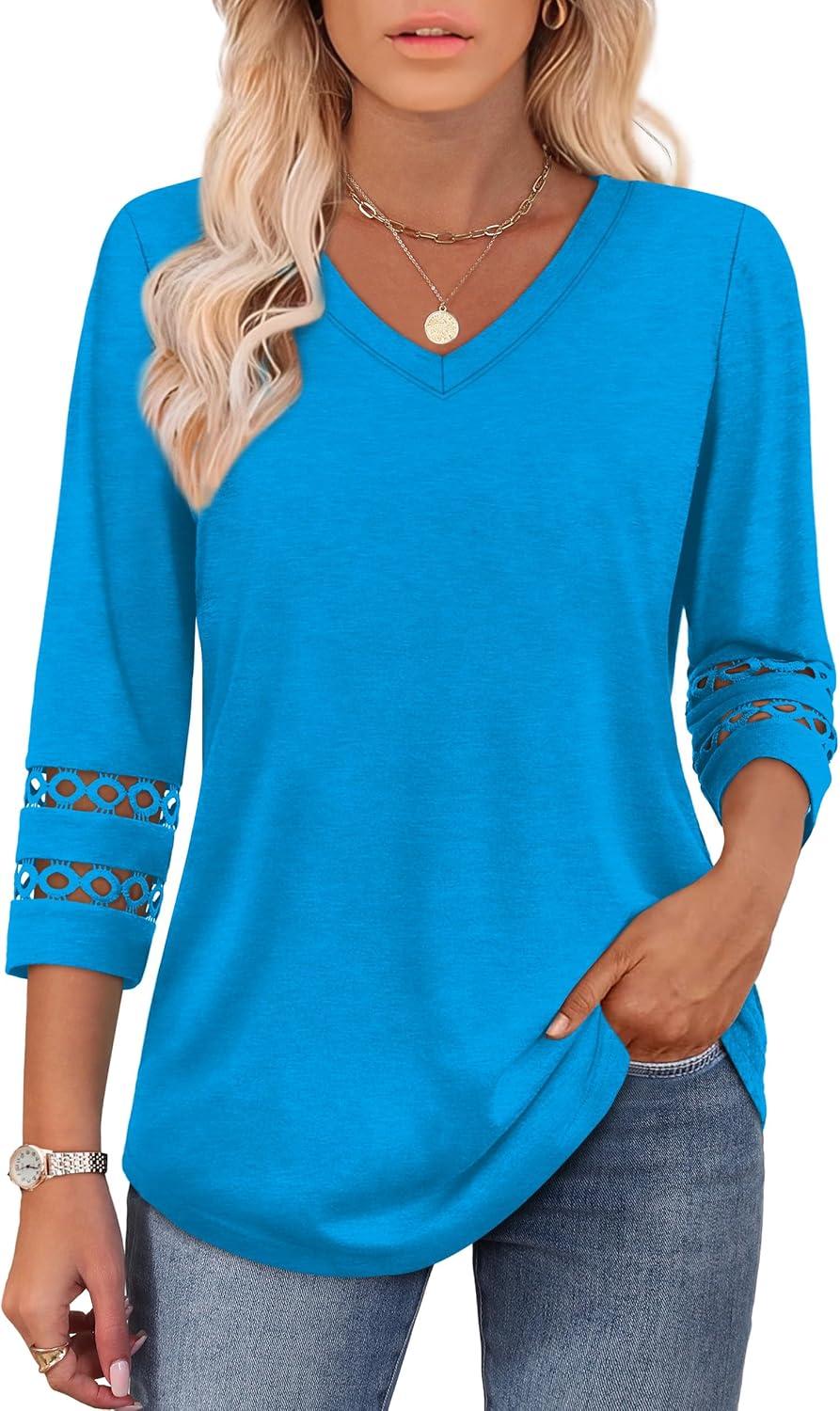 imageXIEERDUO 34 Length Sleeve Womens Tops Dressy Casual Blouses for Women 2025 Trendy V Neck T Shirts Summer ClothesSky Blue