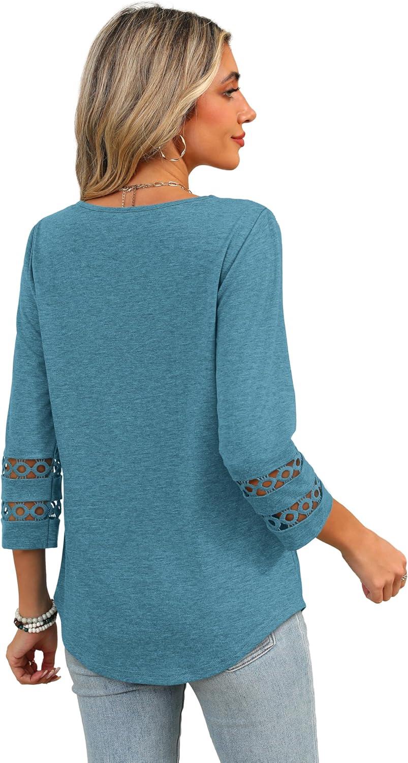 imageXIEERDUO 34 Length Sleeve Womens Tops Dressy Casual Blouses for Women 2025 Trendy V Neck T Shirts Summer ClothesTurquoise