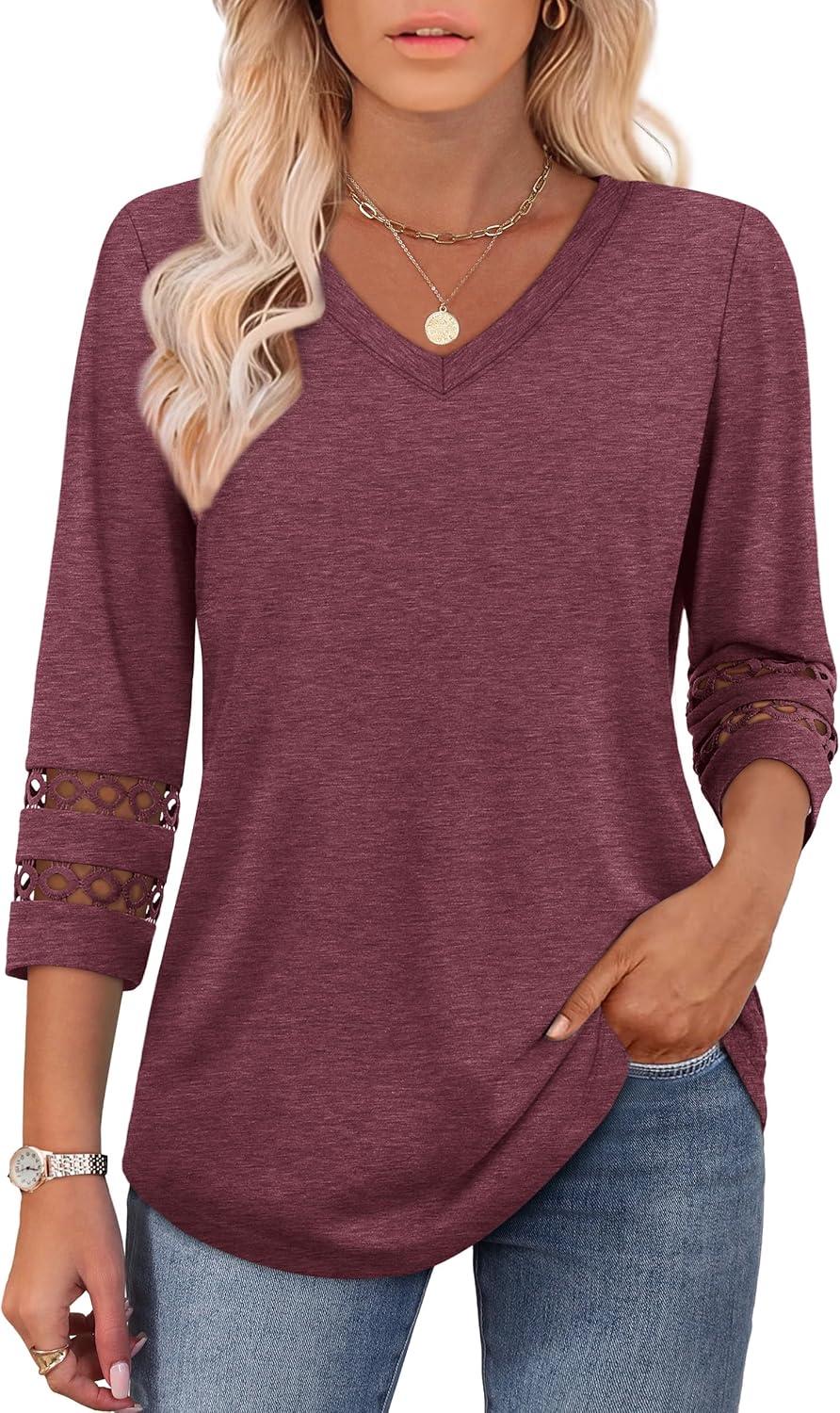 imageXIEERDUO 34 Length Sleeve Womens Tops Dressy Casual Blouses for Women 2025 Trendy V Neck T Shirts Summer ClothesWine Red