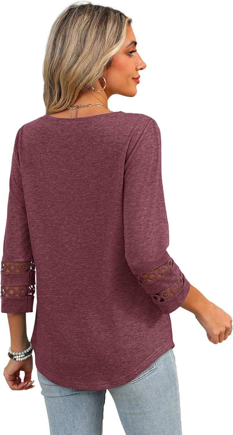 imageXIEERDUO 34 Length Sleeve Womens Tops Dressy Casual Blouses for Women 2025 Trendy V Neck T Shirts Summer ClothesWine Red