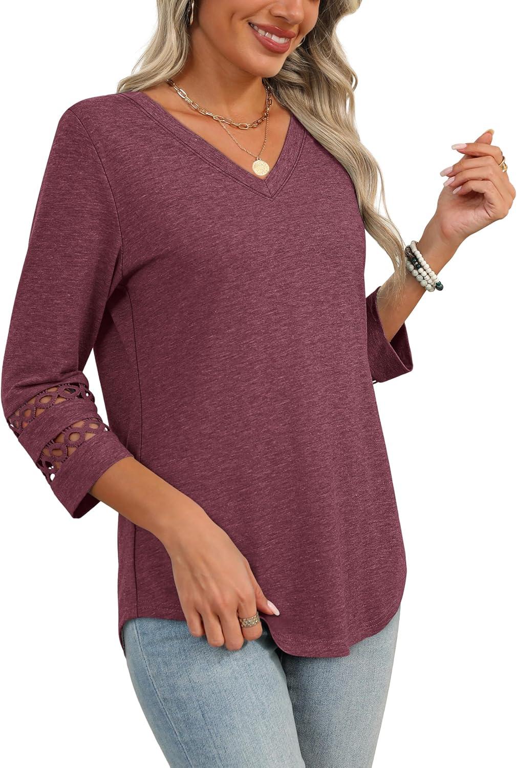 imageXIEERDUO 34 Length Sleeve Womens Tops Dressy Casual Blouses for Women 2025 Trendy V Neck T Shirts Summer ClothesWine Red