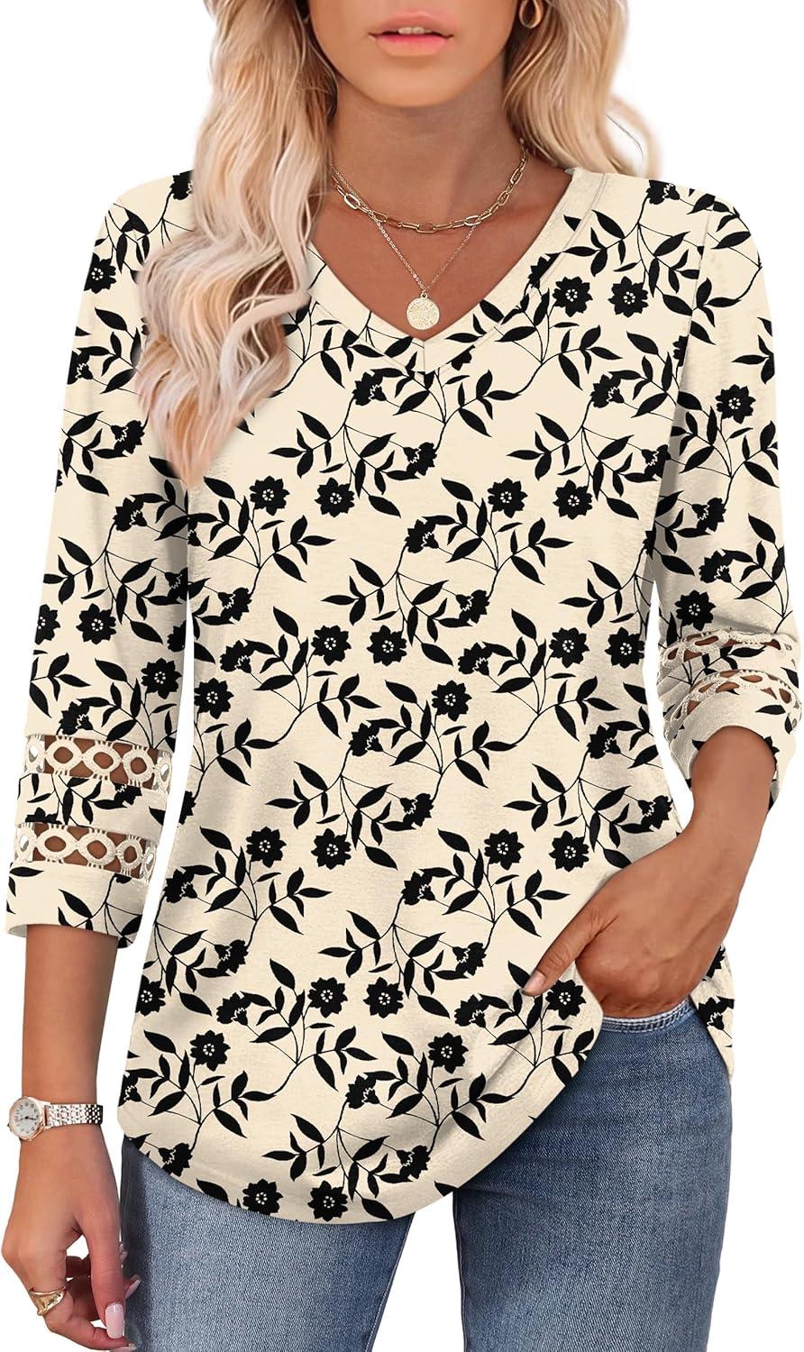 imageXIEERDUO 34 Length Sleeve Womens Tops Dressy Casual Blouses for Women 2025 Trendy V Neck T Shirts Summer ClothesZ Beige Printed