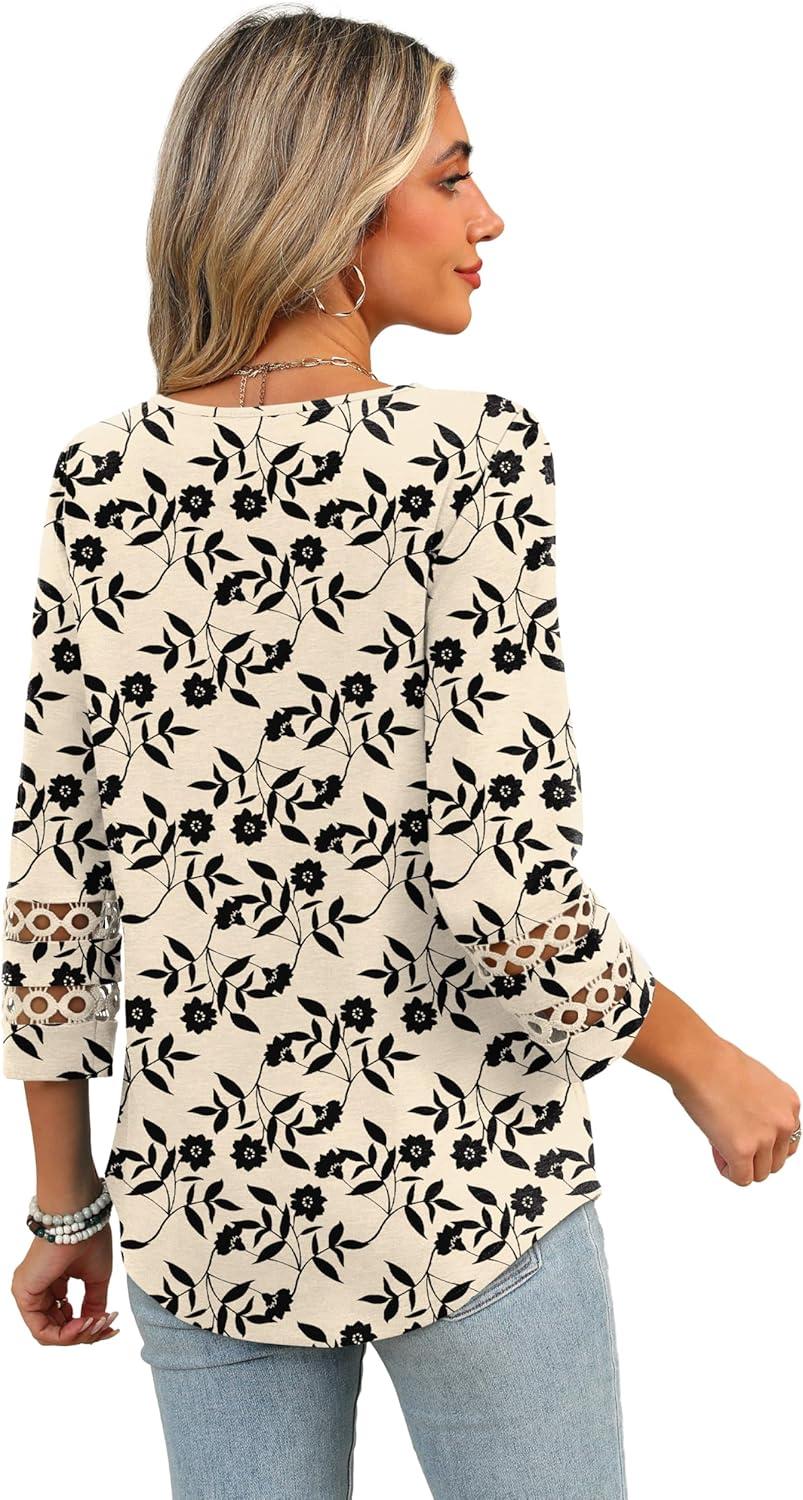 imageXIEERDUO 34 Length Sleeve Womens Tops Dressy Casual Blouses for Women 2025 Trendy V Neck T Shirts Summer ClothesZ Beige Printed